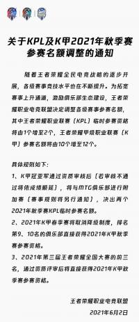 KPL及K甲2021年秋季赛参赛名额调整啦！  常规赛第十周最佳阵容看一看