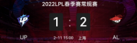 2022LPL春季赛2月11日比赛结束  UP 1：2 AL、OMG 1：2 V5、BLG 2：0 TT