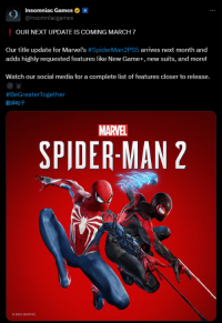《漫威蜘蛛侠2》宣布3月7日更新！ 添加新模式加新战衣等
